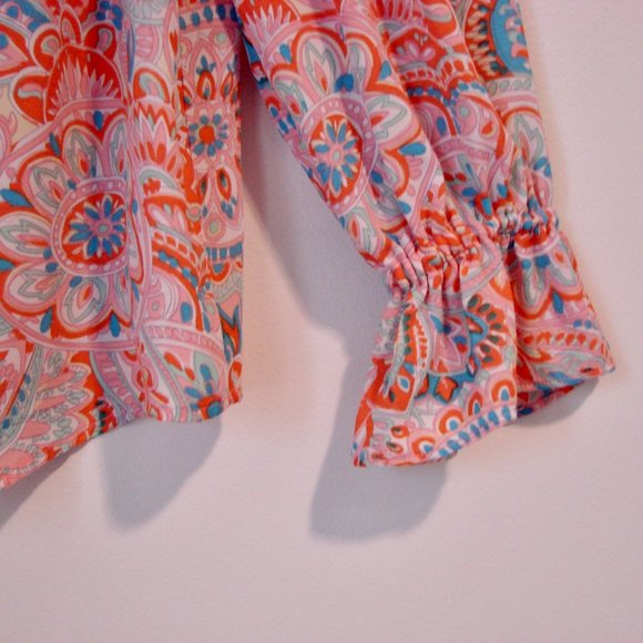 Talbots Floral Boho Peasant Blouse Top Ruffle Off Shoulder Loose Pink Orange XS - Picture 8 of 12